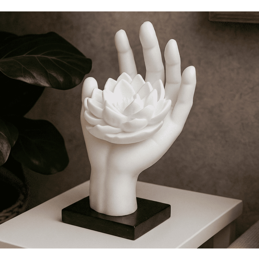 Imagem 🧘 Enfeite Mão Flor de Lótus Estátua Decorativa Zen Yoga Buda Decoração Minimalista Mesa Sala Escritório Quarto Presente