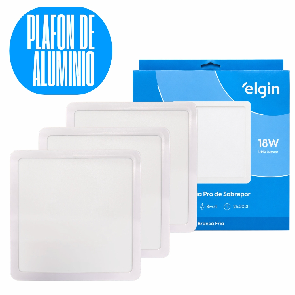 Kit 3 Luminária Painel Plafon Pro ALUMINIO Sobrepor Quadrado Led 18w 21x21 Bivolt - ELGIN