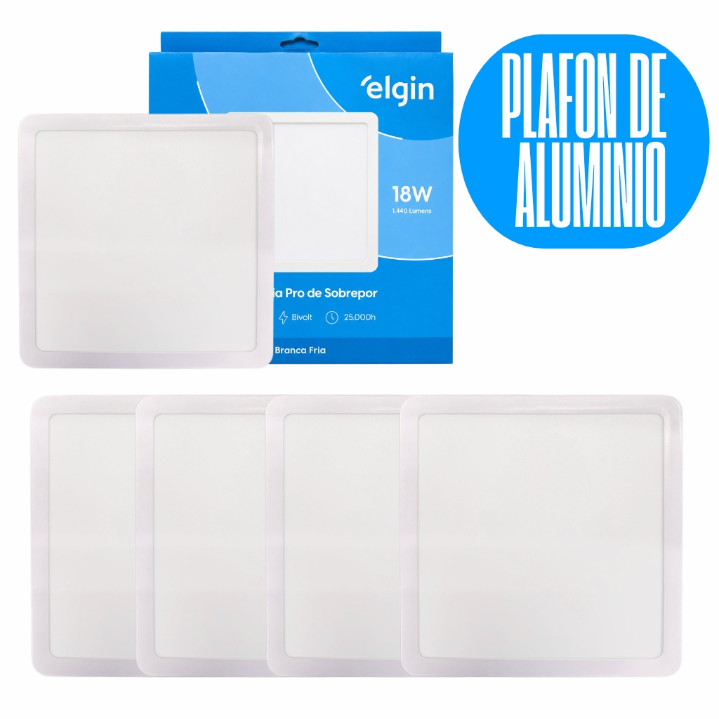 Kit 5 Luminária Painel Plafon Pro ALUMINIO Sobrepor Quadrado Led 18w 21x21 Bivolt - ELGIN