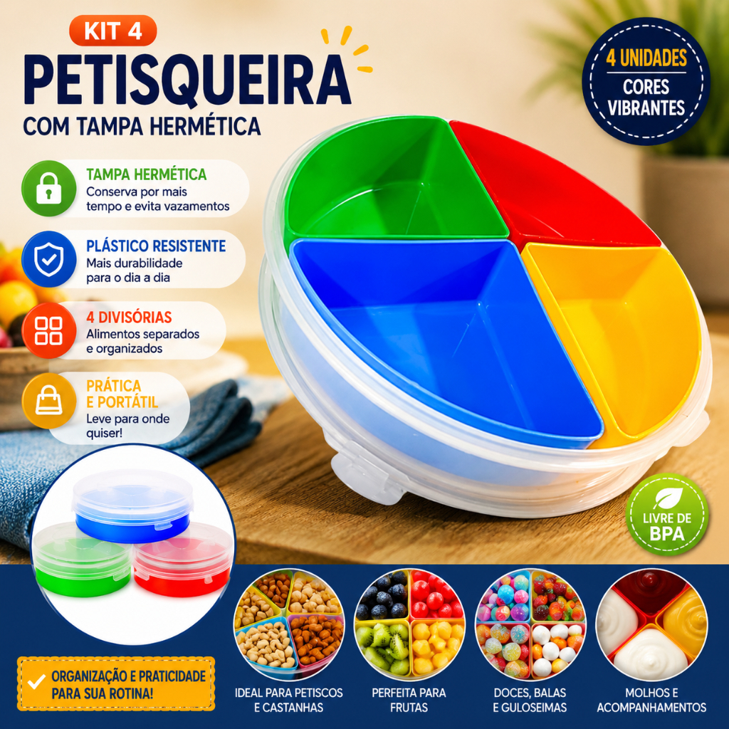 Kit 4 Petisqueira com Tampa Hermética Colorida Plástico Resistente Festa Prática Marmita