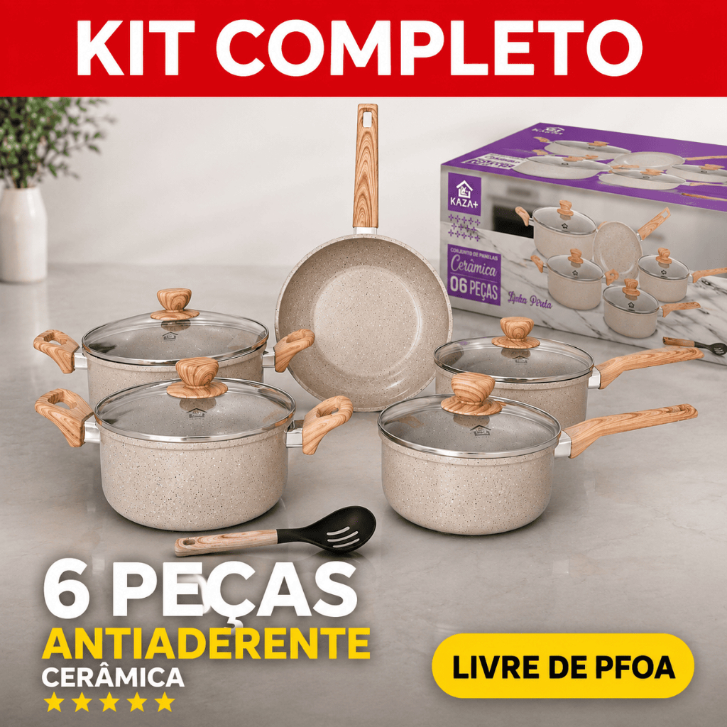 Jogo de Panelas Cerâmica Antiaderente 6 Peças Pérola Indução Gás Tampa Vidro Cor Bege Elegante