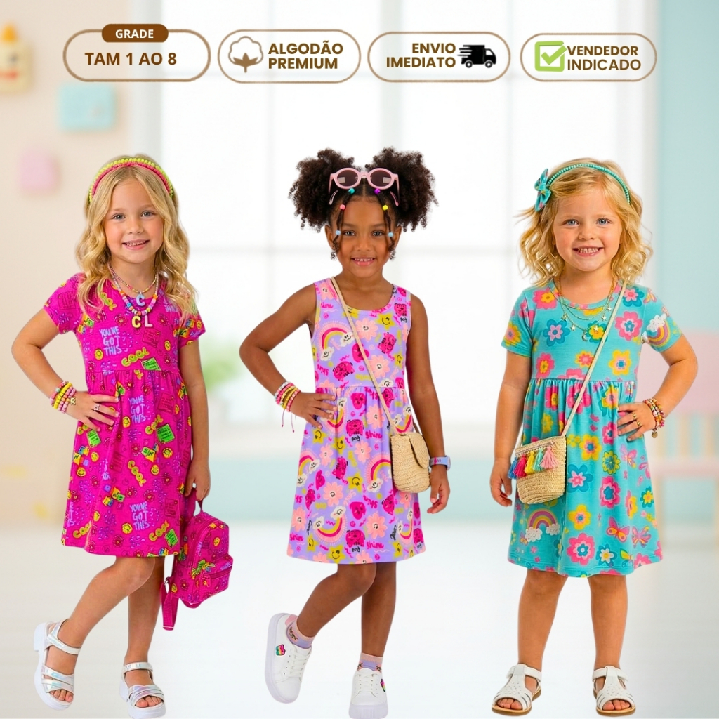 Kit 4 Vestido Infantil Verão Menina Algodão para Dia a Dia Escolar Premium Estampados 1 ao 8 anos