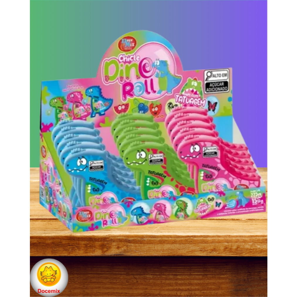 Chiclete Dinossauro Fita Dino Roll Com Tatuagem Cx C/ 15 Und