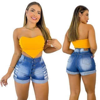 Short Jeans Feminino Cintura Alta Modelador Destroyed Com Elastano Confortável