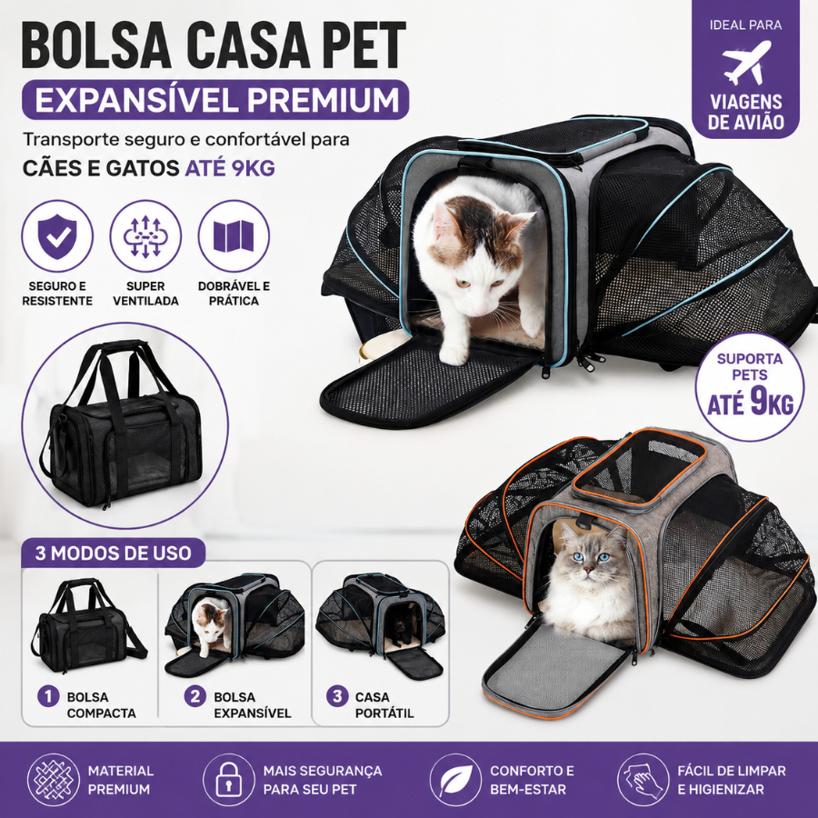 Bolsa Transporte Pet Expansível Avião Premium Até 9kg Cão Gato Dobrável Respirável 3 Modos