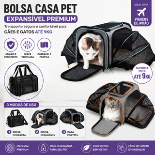 Bolsa Transporte Pet Expansível Avião Premium Até 9kg Cão Gato Dobrável Respirável 3 Modos