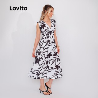 Lovito Vestido Feminino Midi Decote V Estampado DRB847BRL877