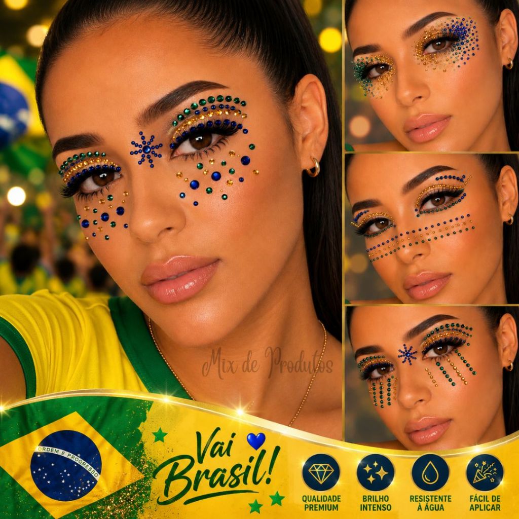 Adesivo Facial Brasil Copa do Mundo Pedras Strass Glitter Maquiagem Carnaval Torcida Festa
