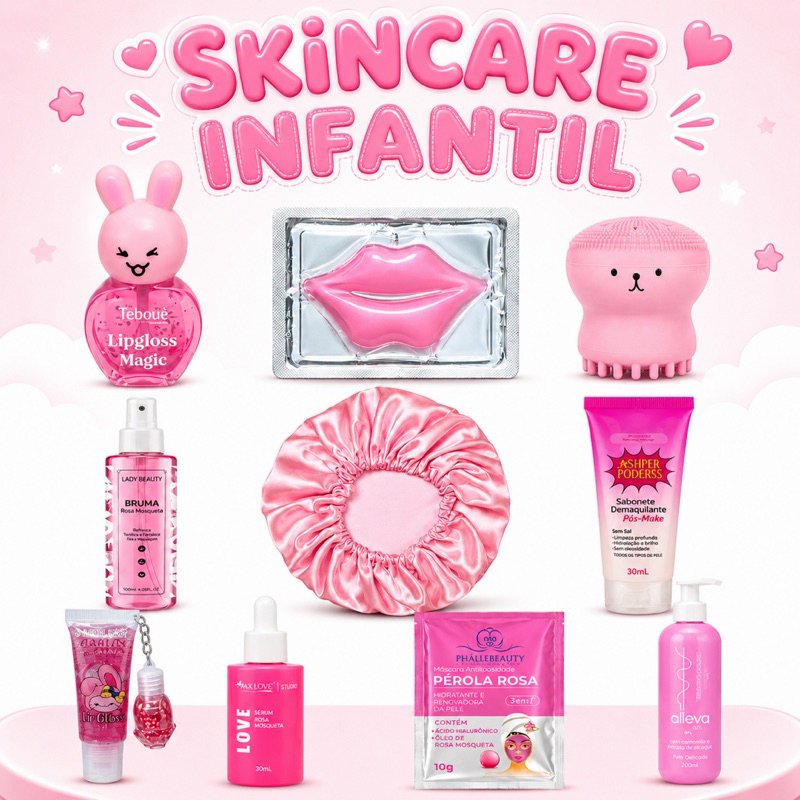 Kit Skincare feminino Presente Rosa 10 Itens Lip Gloss Sérum Touca Cetim Hidratante Bruma Máscara Facial