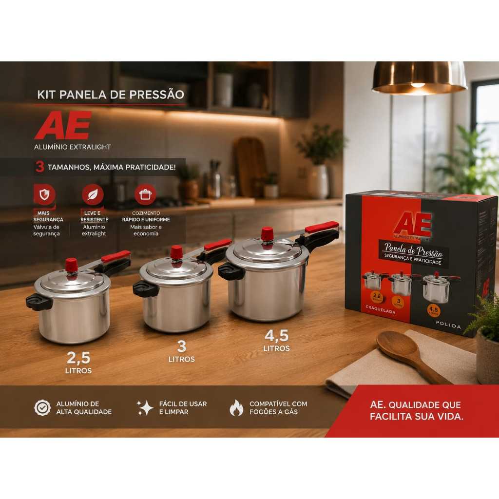 Panelas de Pressão Polida Alumínio AE Premium 2,5\3\4,5Lts (KIT E UNITARIAS)