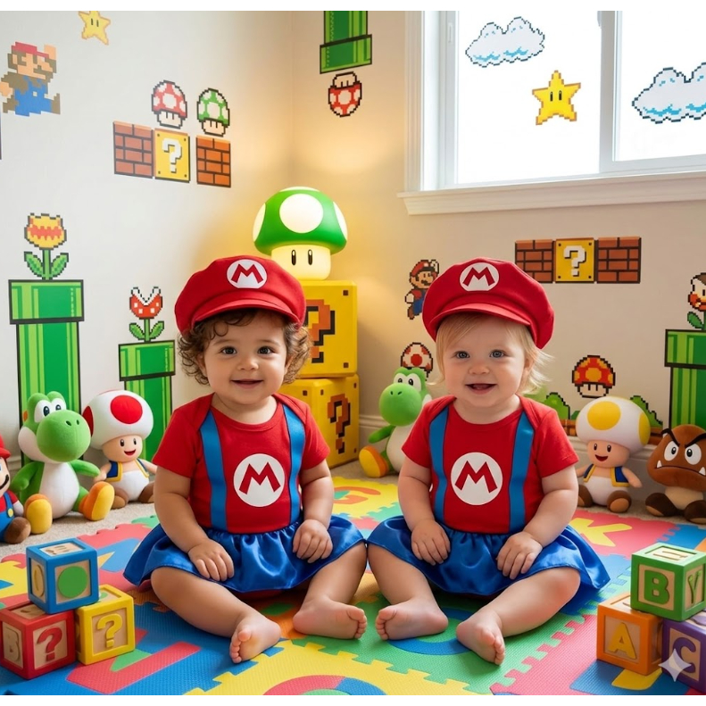 Body bebê Mario Bros MENINA (saia) / Boina / mesversário temático
