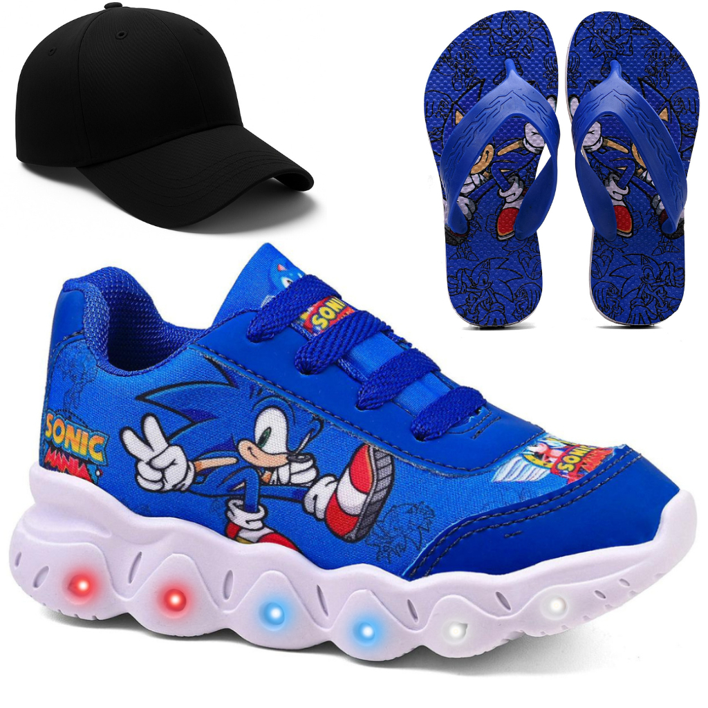 Kit Tênis Masculino Infantil Desenho Sonic Preto Com Led Chinelo Boné Resistente Confortável