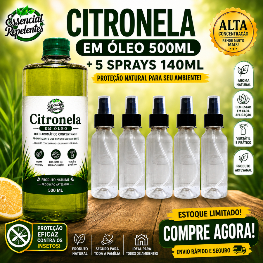 ÓLEO DE CITRONELA 500ML REPELENTE NATURAL + 5 SPRAYS | MOSQUITOS E INSETOS PARA CASA E JARDIM