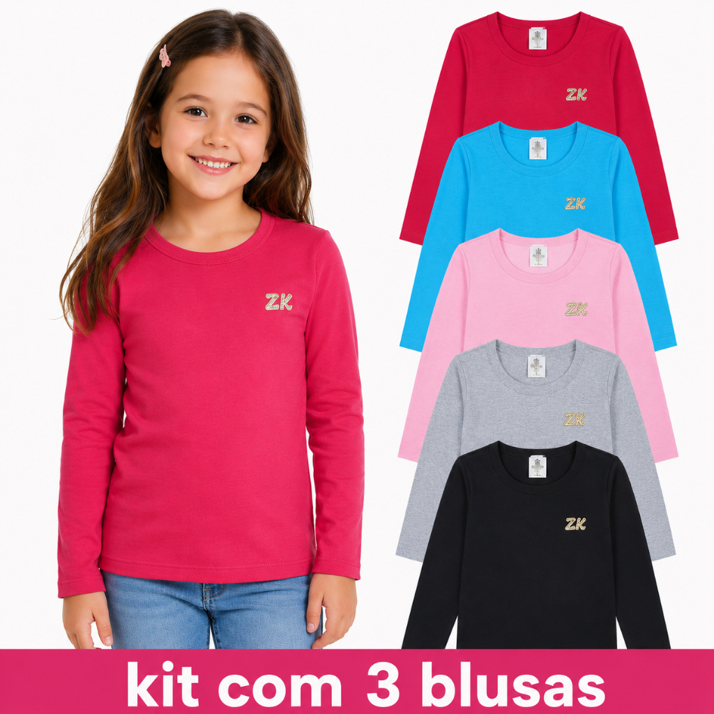 Kit Sortido 3 Blusa Manga Longa Infantil Menina Lisa Inverno 100% Algodão