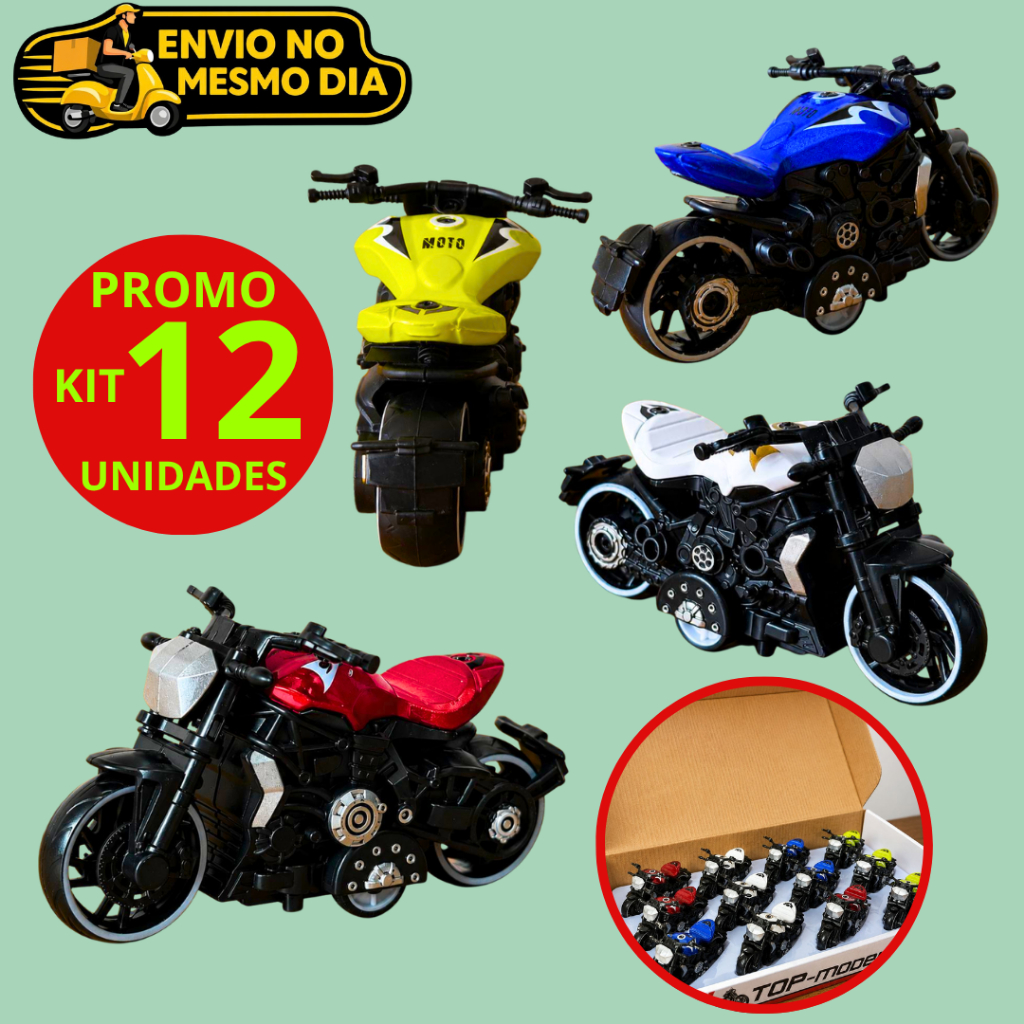 Promoção Kit 12 Motos Esportivas Miniaturas De Metal Die Cast Coleção Com Fricção Brinquedo Infantil