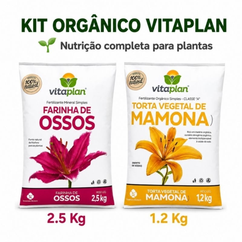 Kit Orgânico Vitaplan Farinha de Ossos 2,5Kg Torta Mamona 1,2Kg Adubo Fertilizante Plantas Hortas Flores
