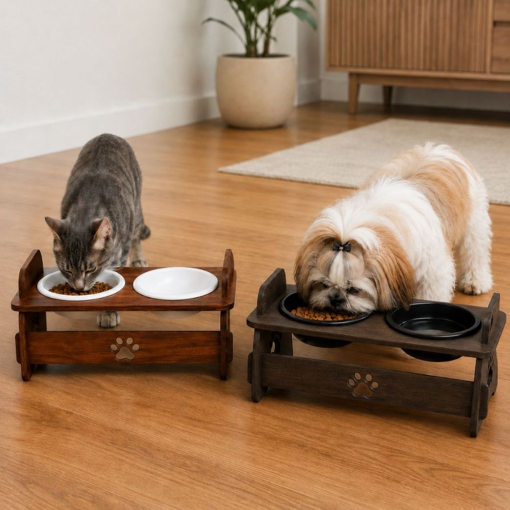 Comedouro Pet Elevado Com Tigela e Tampa Para Gato Cachorro Mdf Acabamento Premium Envio Imediato