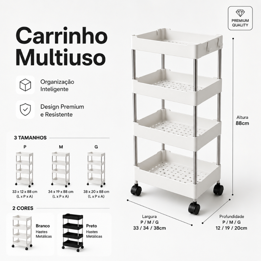 Carrinho Organizador Multiuso Com 4 Andares para Cozinha Banheiro Quarto Lavanderia P, M, G ou Kit 3