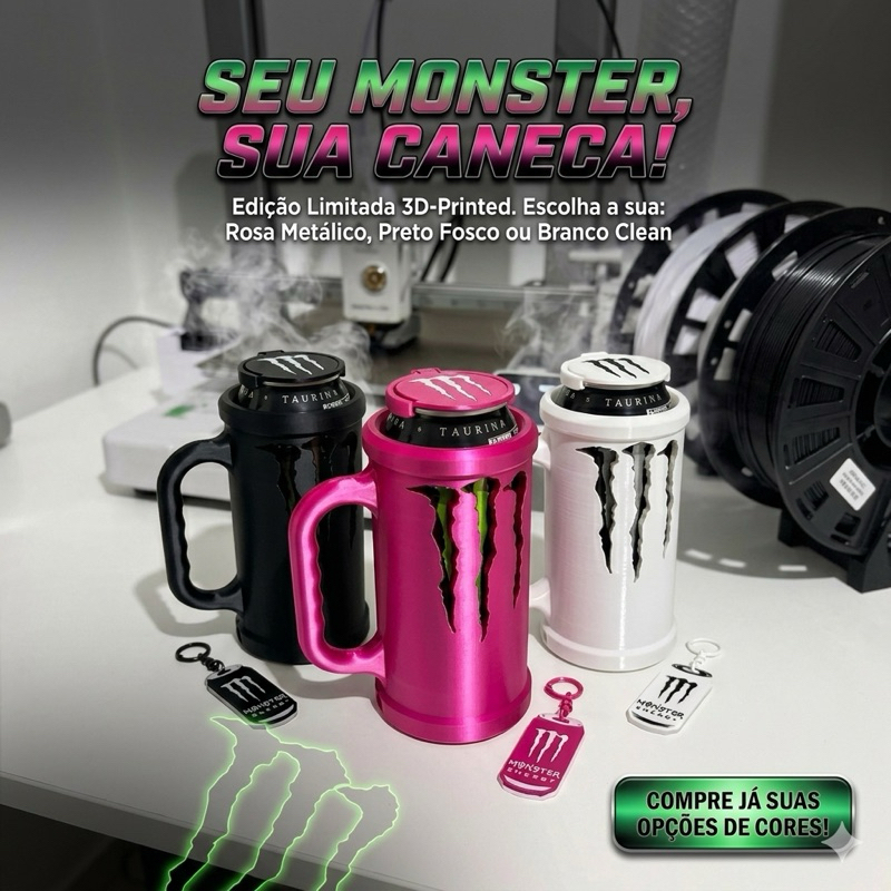 Kit Porta Lata Térmico + BRINDE Monster Energy 473ml + Tampa + Abridor de Lata Salva-Unha Impressão 3D