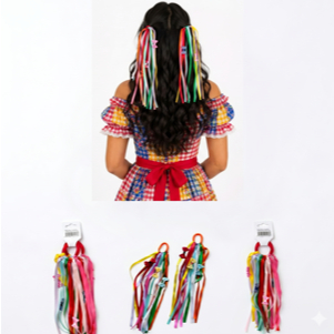 Kit c/2 Xuxinhas de Festa Junina Com Fitas Coloridas e Banderinhas Adulto e Infantil Arraial Chapeuzinho Rábico