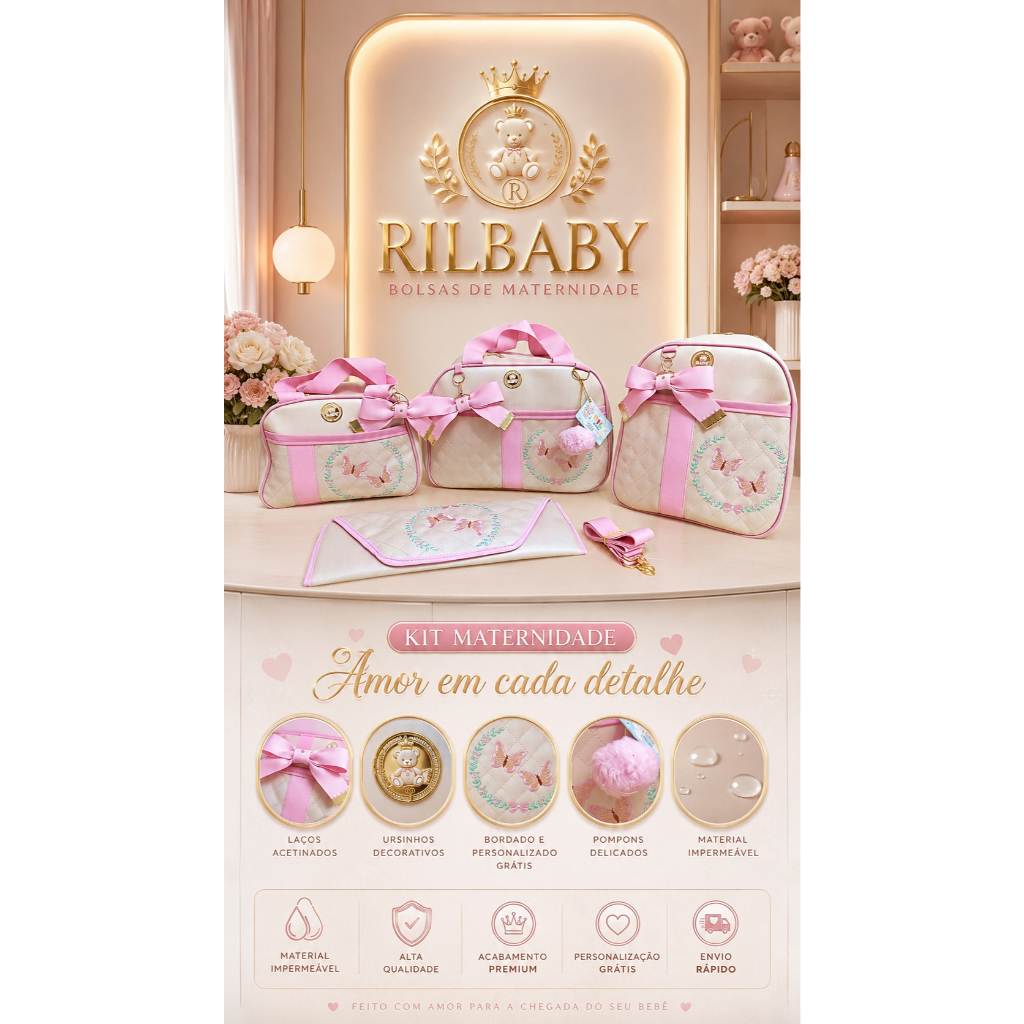 Kit Bolsas Maternidade Paris Luxo Personalizado com 2, 3 e 4 Pecas Menina Bebê