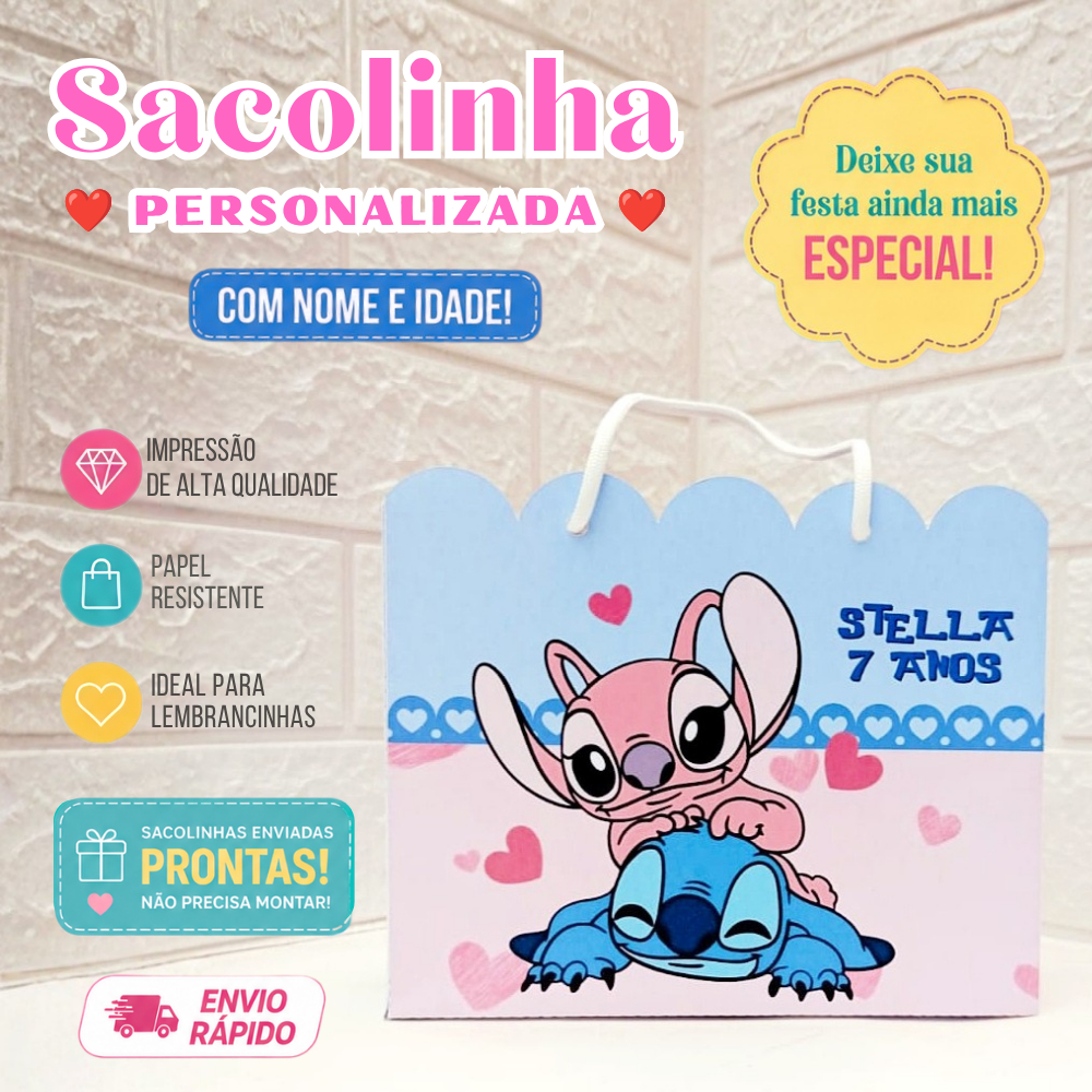 Sacolinha Personalizada Montada | Lembrancinha Aniversário Luxo | Festa Infantil | Stitch e Angel