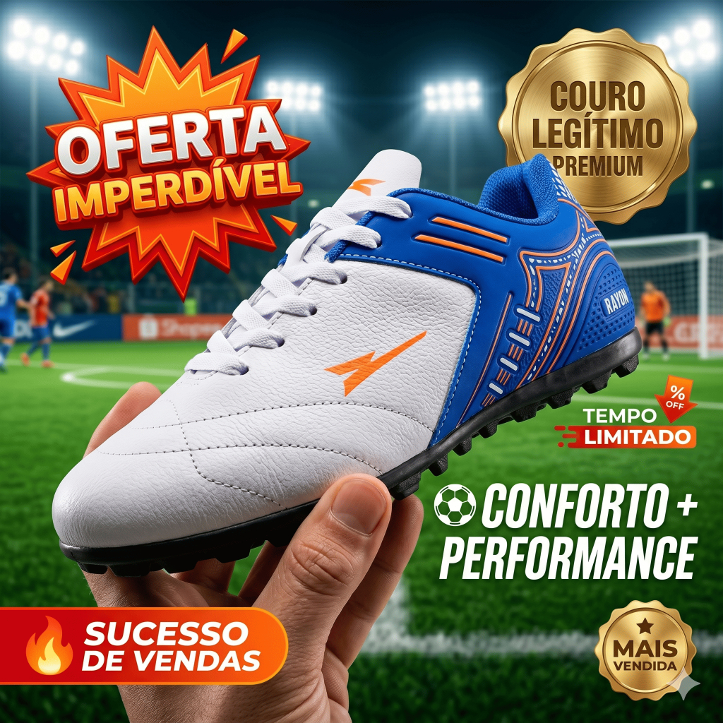 Chuteira em Couro Legitimo Futebol Campo Society - Resistente Costurada - Original R121-07