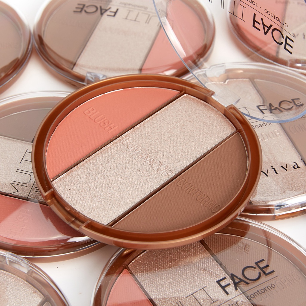 Trio De Maquiagem Multi Face Vivai Blush Iluminador Contorno Paleta Facial 3 em 1