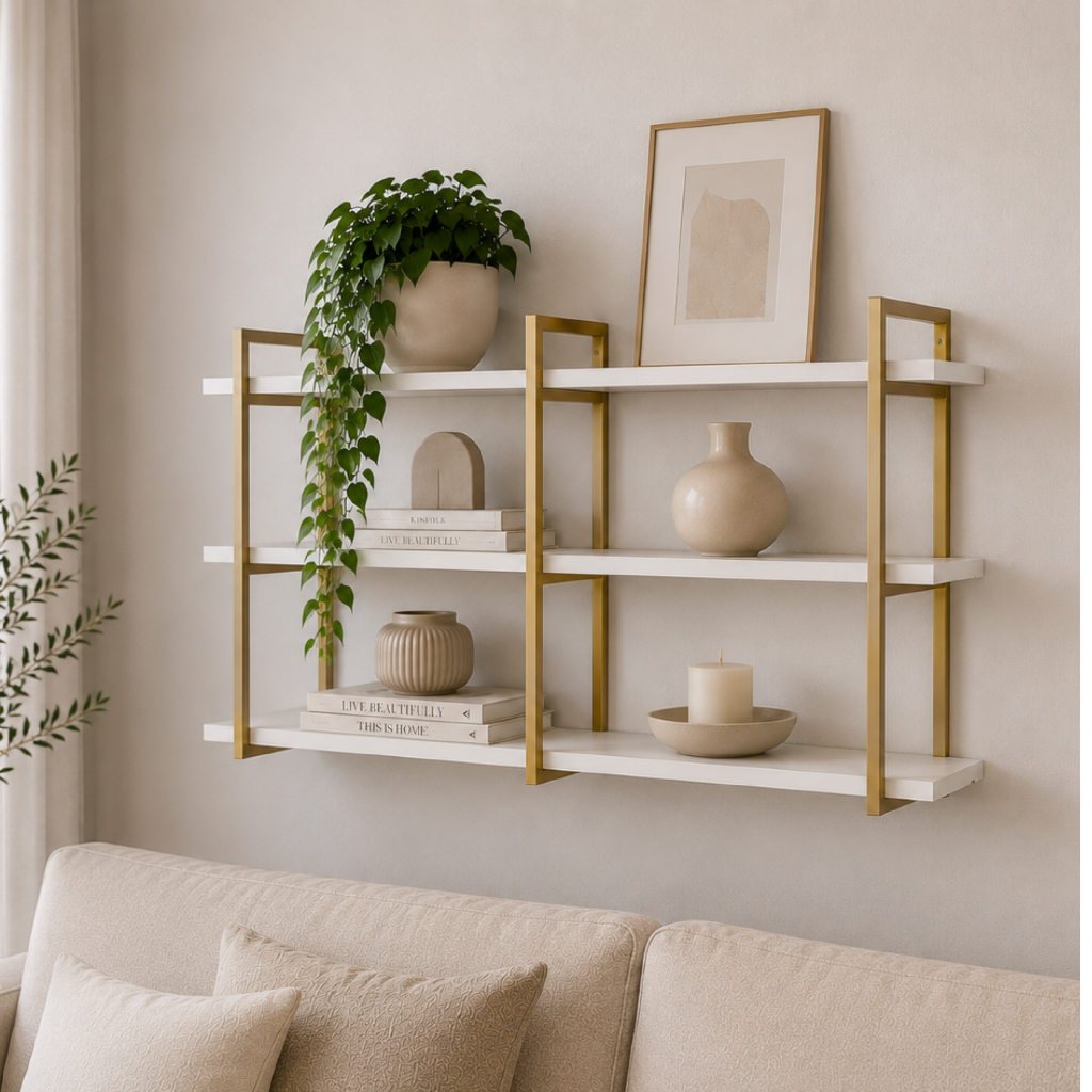 Prateleira Estante Industrial Flutuante Parede 3 Níveis Madeira E Metal 120cm Dourado