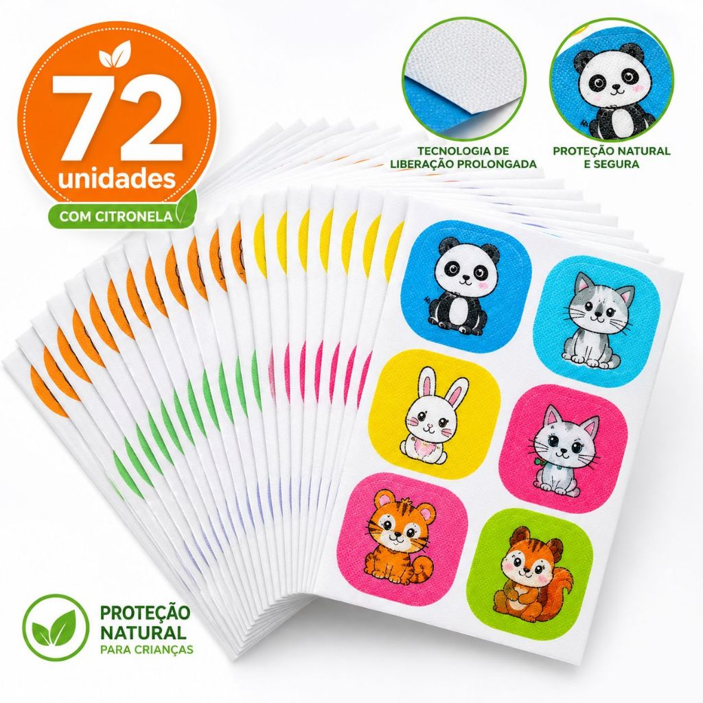 Adesivo Repelente Infantil Mosquito Citronela Kit Com 72 Unidades Anti Dengue e Picadas