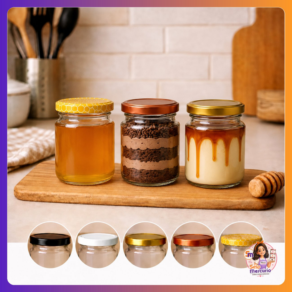 Kit 6/10/12/24 Potes De Vidros Belem 240ml Pudim Mel Bolo no Pote Doces Brigadeiro Tampas Metálicas