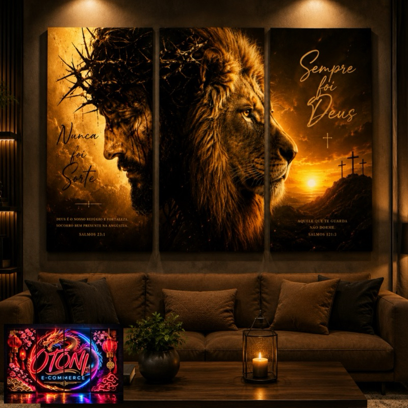 Quadro Decorativo Grande Leão De Judá e Jesus Por Do Sol Religioso  Nunca Foi Sorte Sempre Foi Deus 3 Peças 122x60