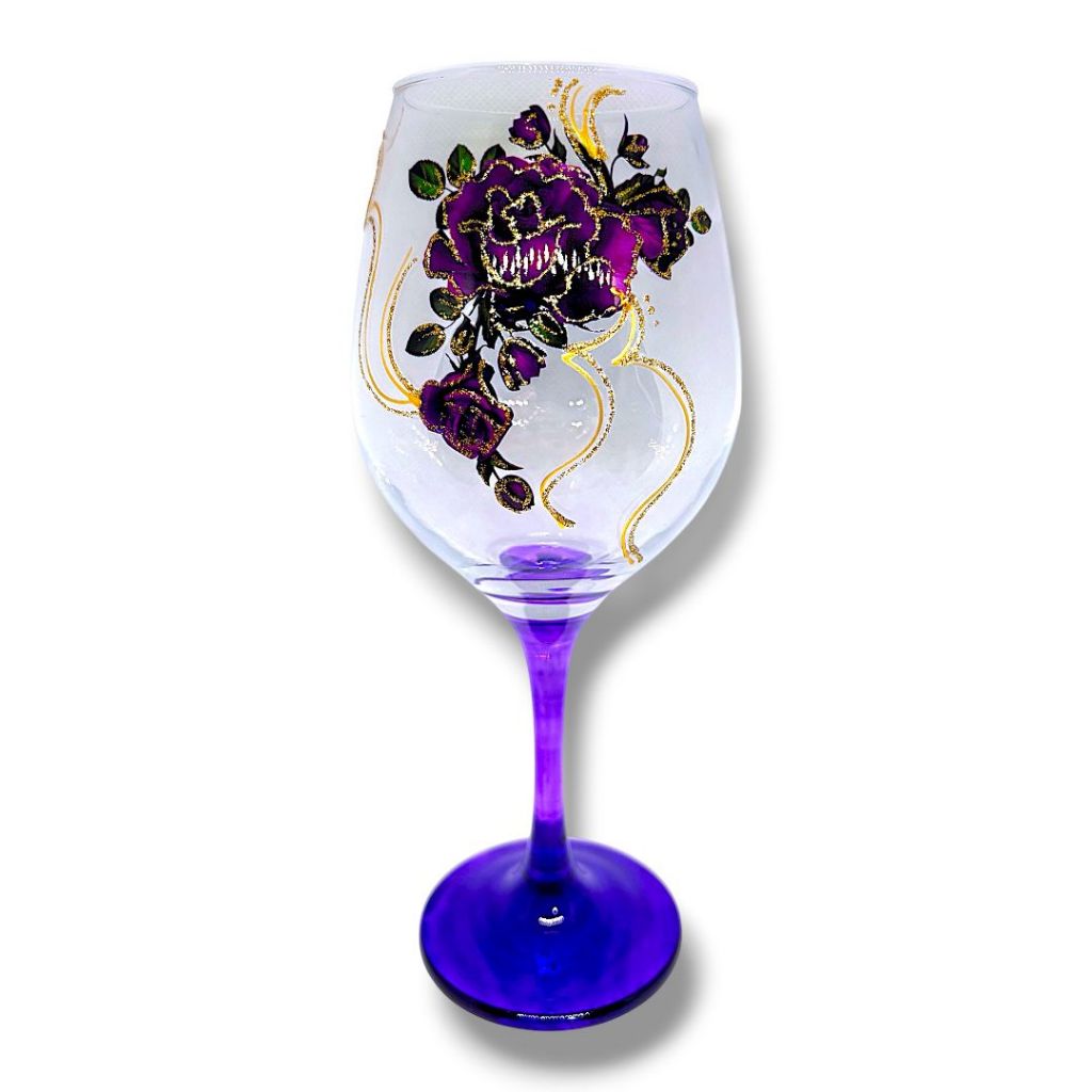 Taça Pomba Gira Flores Roxas C/ Detalhes Dourados Fundo Roxo 385ml - Padilha Mulambo Farrapo Dama da Noite