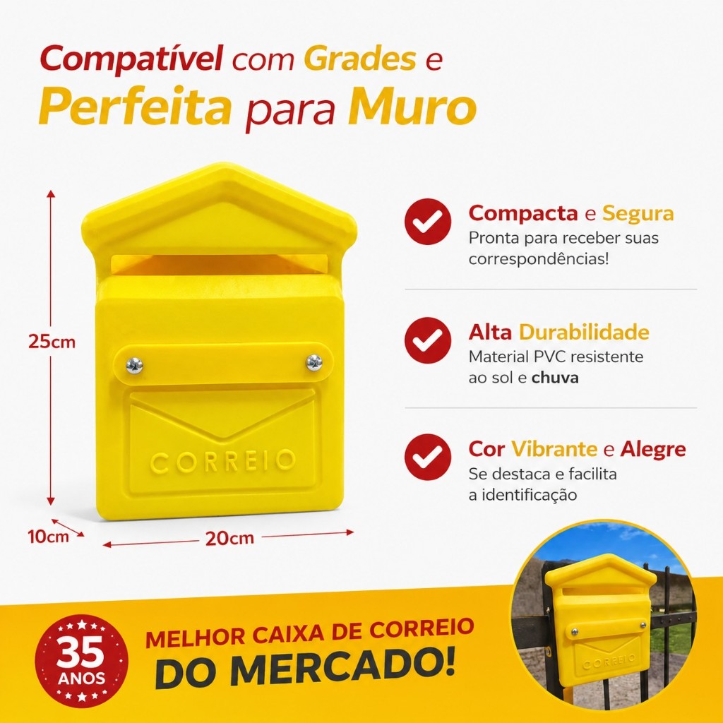 Caixa De Correio Amarela Em PVC Não Enferruja Para Grade e Portão
