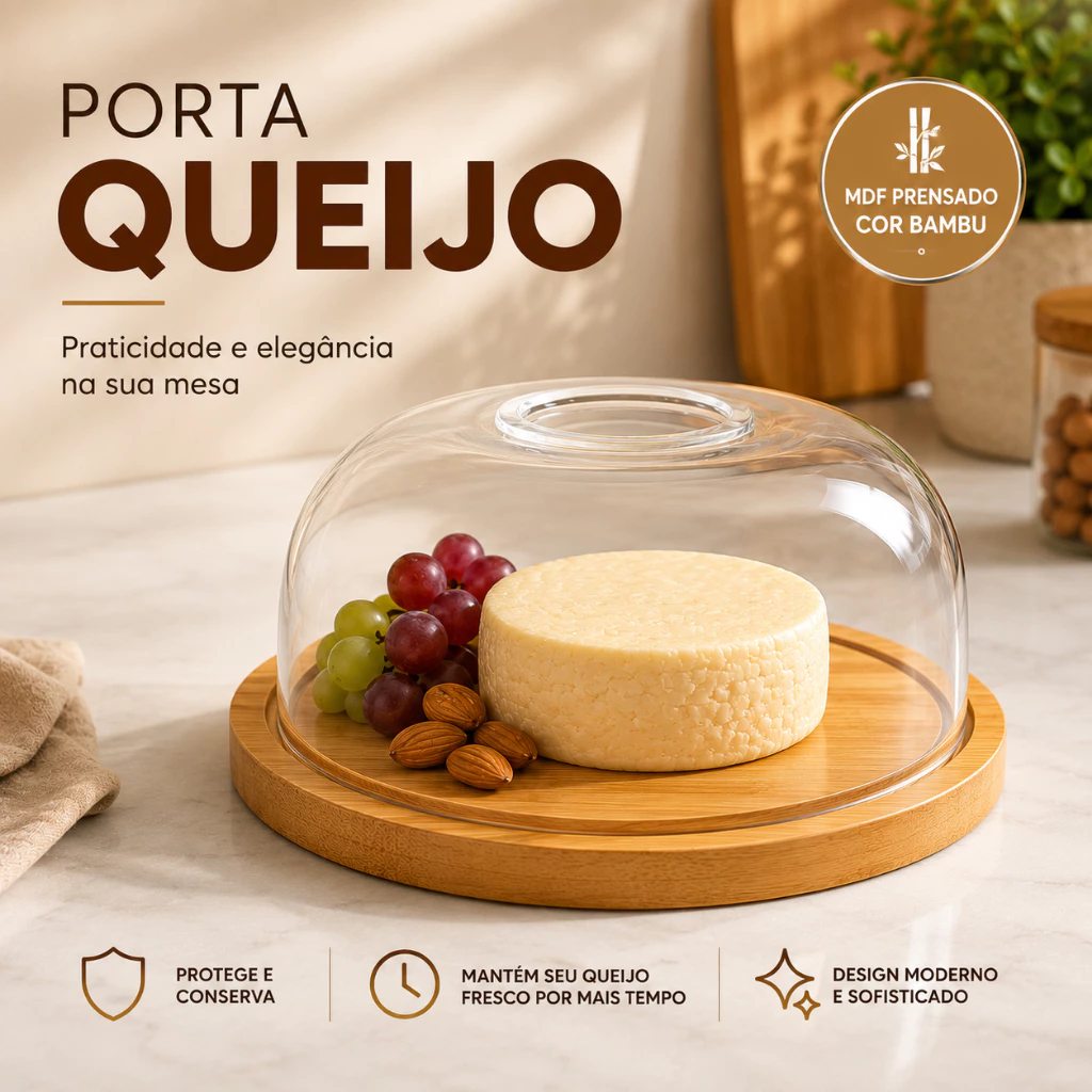Porta Queijo Cor Bambu com Tampa Acrílico Para Frios e Manteigueira Queijeira Multiuso Conserva — imagem 1
