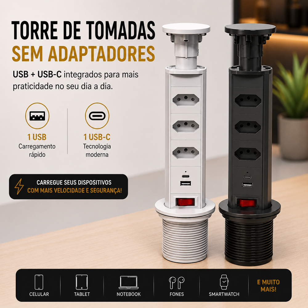 Torre Retrátil de Tomadas 3 Tomadas + USB + USB-C Embutir Mesa Bancada Cozinha Escritório Preta