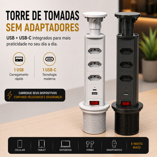 Torre Retrátil de Tomadas 3 Tomadas + USB + USB-C Embutir Mesa Bancada Cozinha Escritório Preta