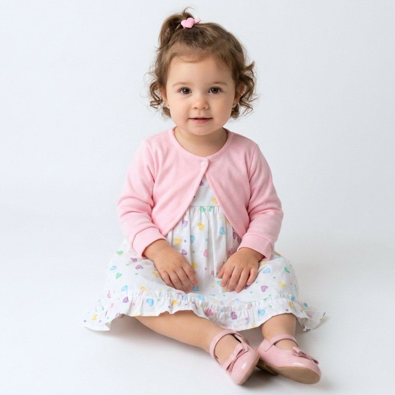 Kit Vestido de Bebe Mundo Nina 100% Algodão com Bolero de Plush 2 Peças Luxo Festa 2 meses a 4 anos
