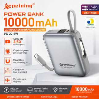 Power Bank 10000mAh PD 22.5W Carregamento Rápido com Cabo Lightning Integrado Portátil