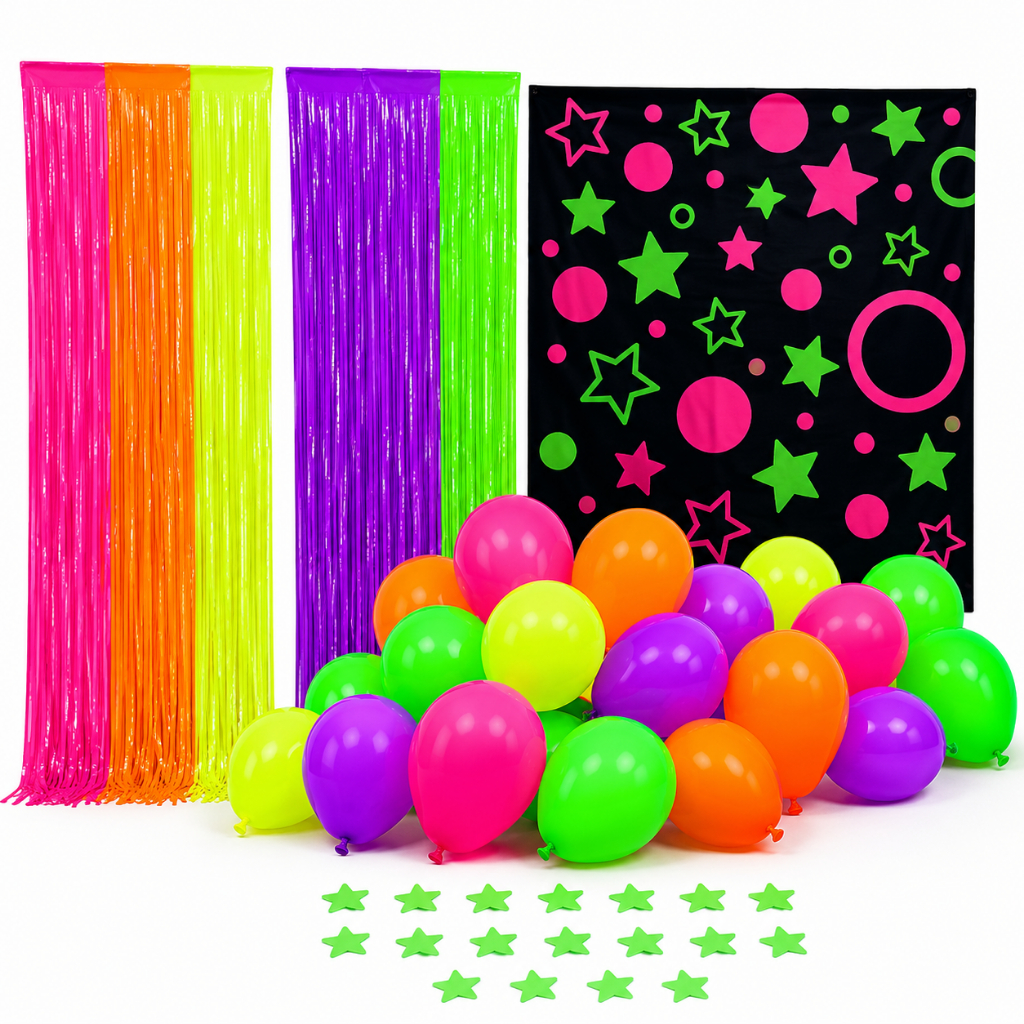Kit Festa Neon 73 Peças Cortina Painel Balões Estrelinhas Luz Negra Decoração Balada Aniversário