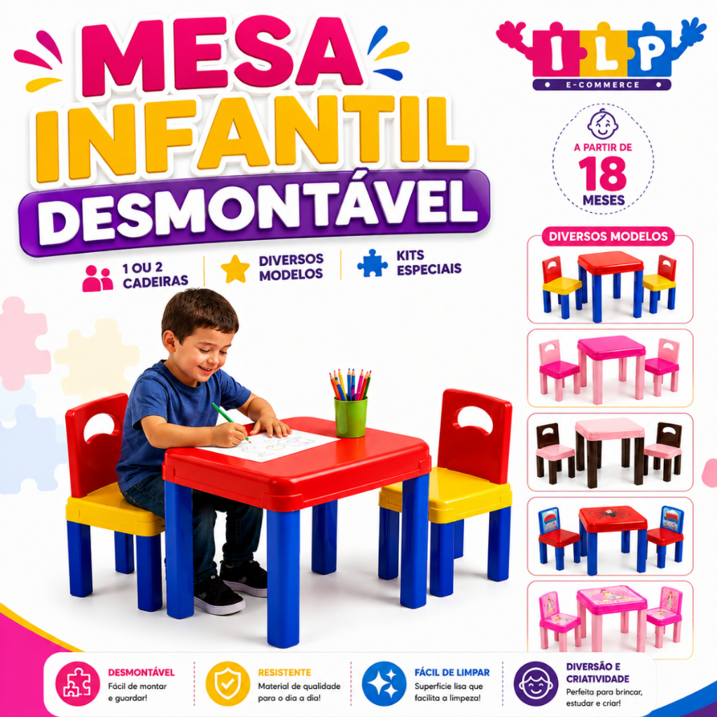 Mesa Infantil Desmontável com Cadeira | Mesinha Didática Segura e Resistente | Menino Menina