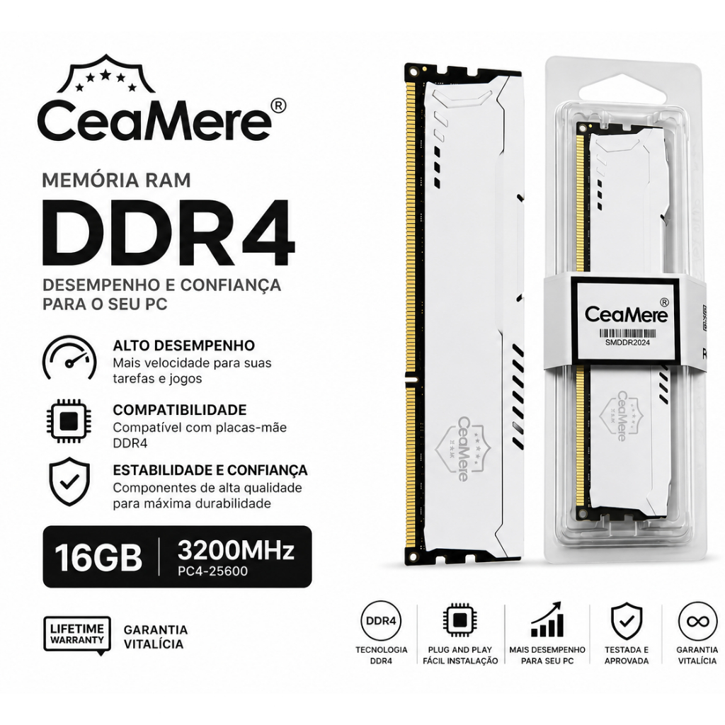 Memória RAM DDR4 16GB / 8GB 3200MHz Desktop PC 288PIN 1.2V CeaMere Alta Performance