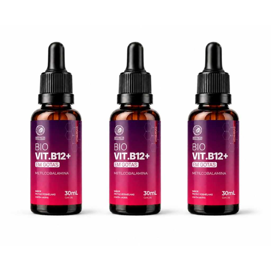 kit com 3 Bio Vit. B12+ METILCOBALAMINA Vitamina B12 Sublingual 20ml - Puravida