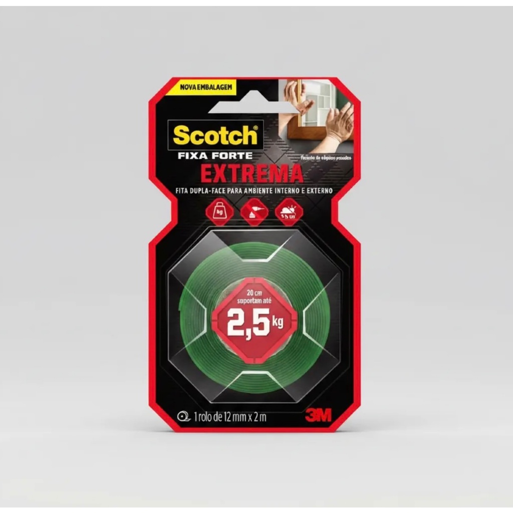 Fita Dupla Face Scotch 3m Fixa Forte Extreme 12mm X 2m 2,5kg