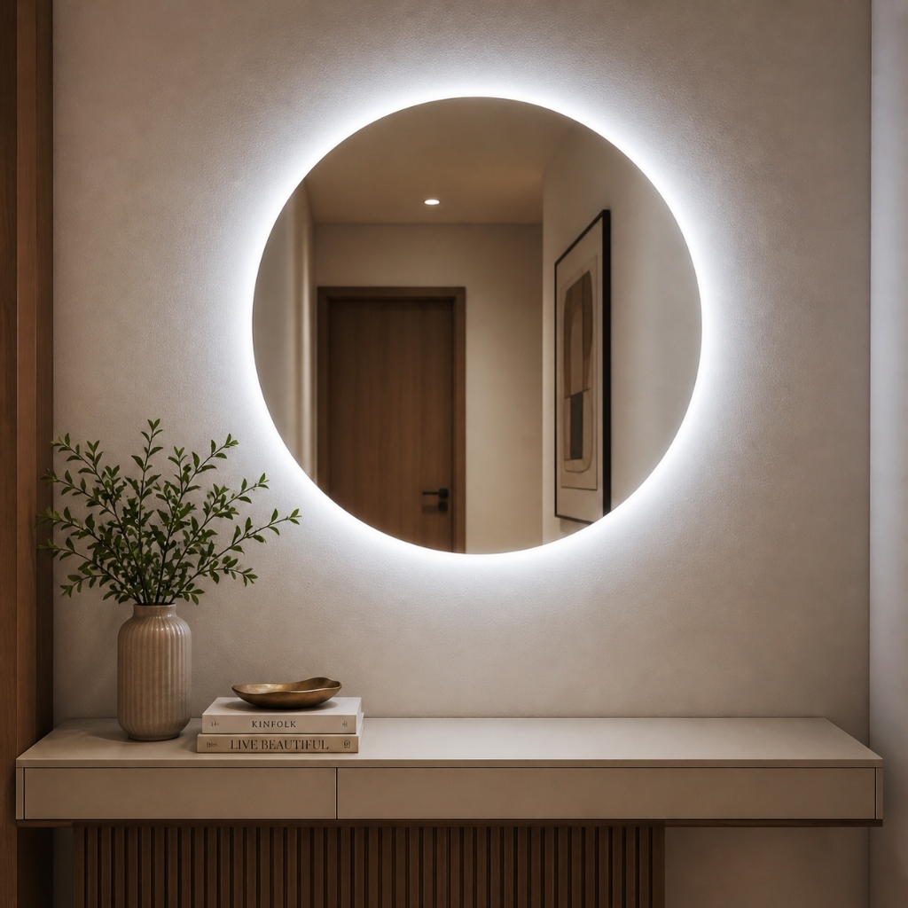 Espelho com LED 50cm Retroiluminado Redondo Lapidado P/Maquiagem Quarto Banheiro C/Kit de instalação