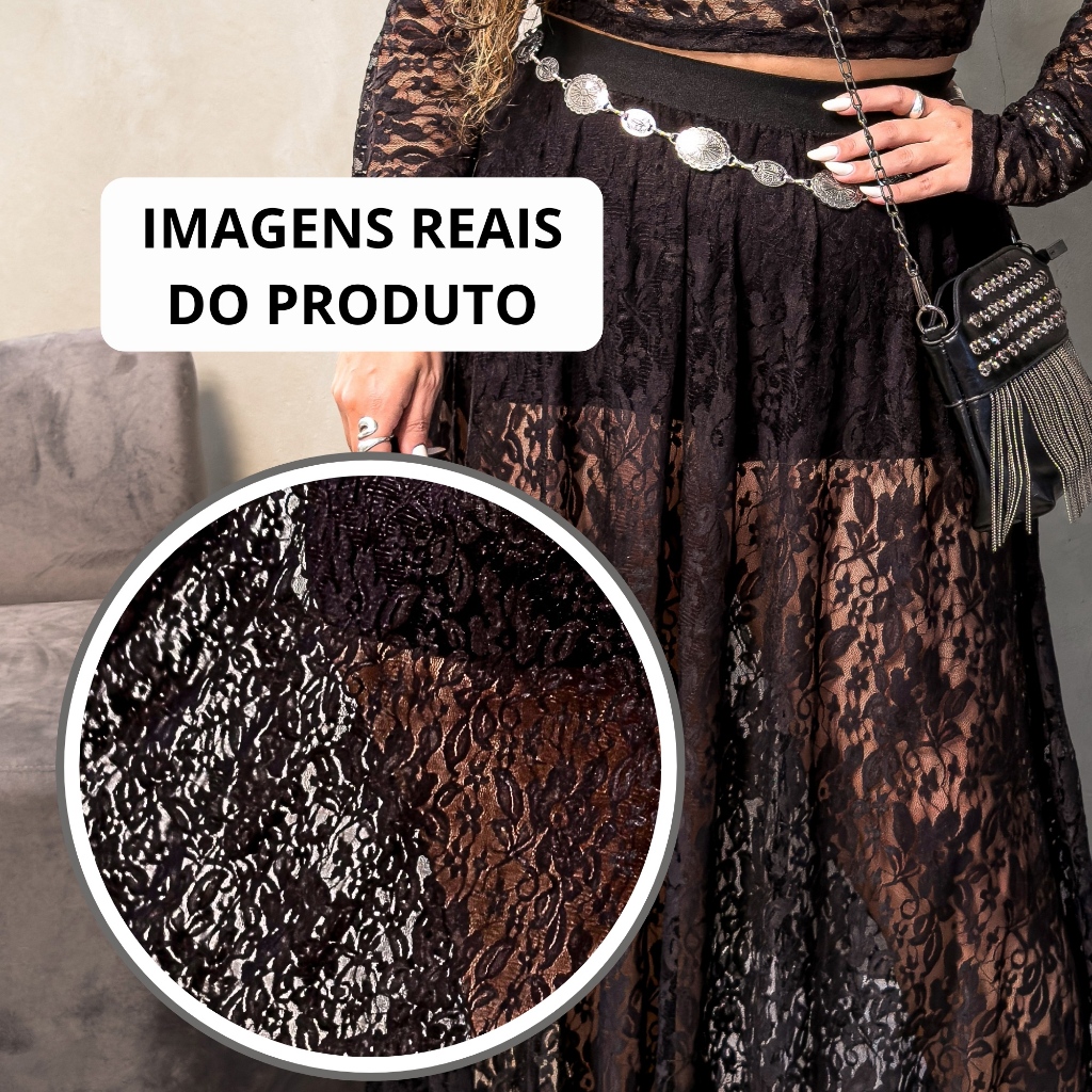 Saia Longa De Renda Preta Transparente Feminina De Cintura Alta Midi — imagem 2 de 2