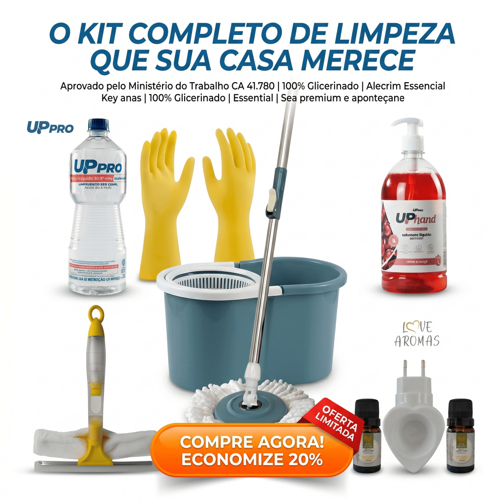 Kit Limpeza Completo Mop Rotatório Balde Rodo Spray Difusor Álcool Luva