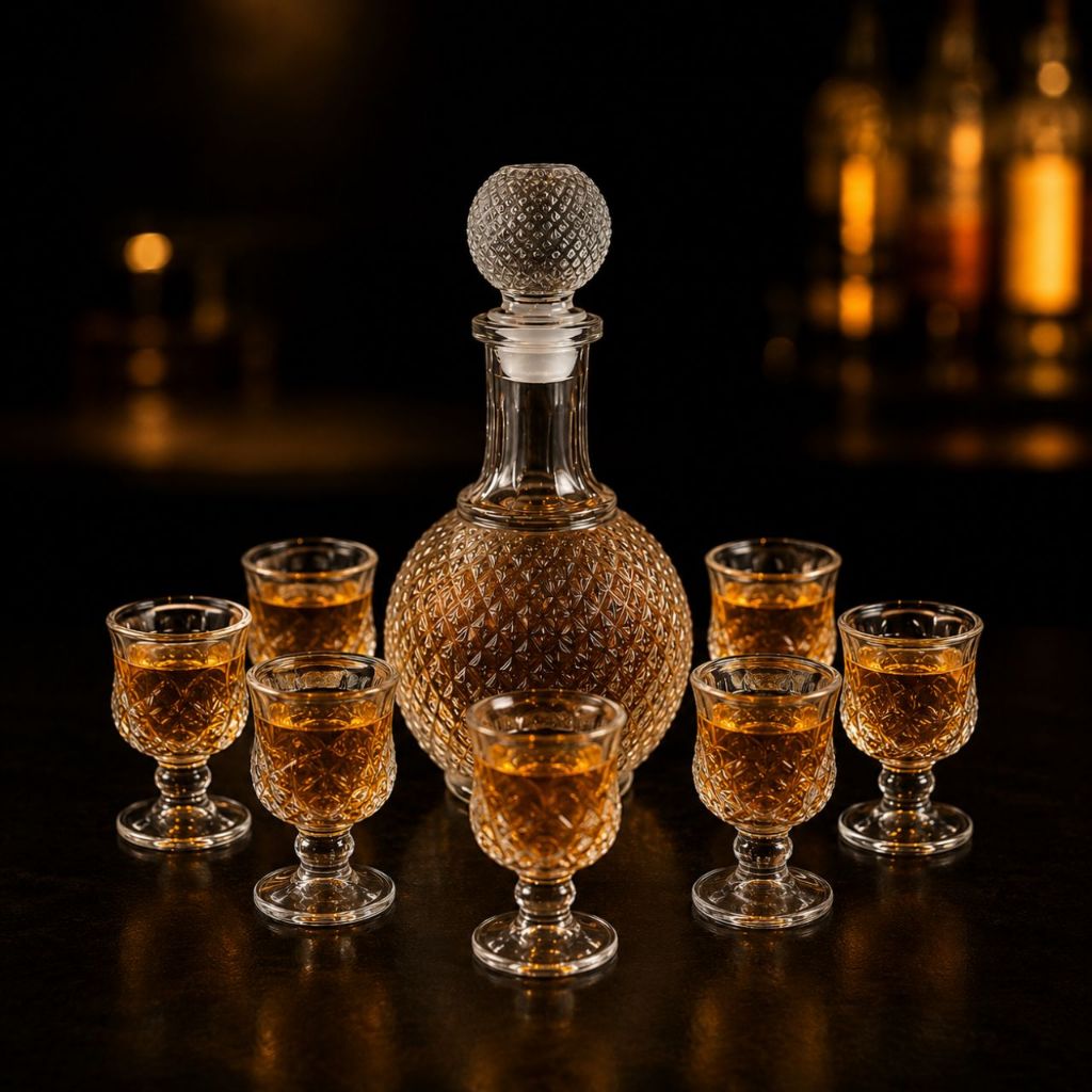 Kit Licoreira Cristal Lapidado + 6 Mini Taças 50ml Conjunto Luxo Whisky Licor Vodka Cachaça Elegante