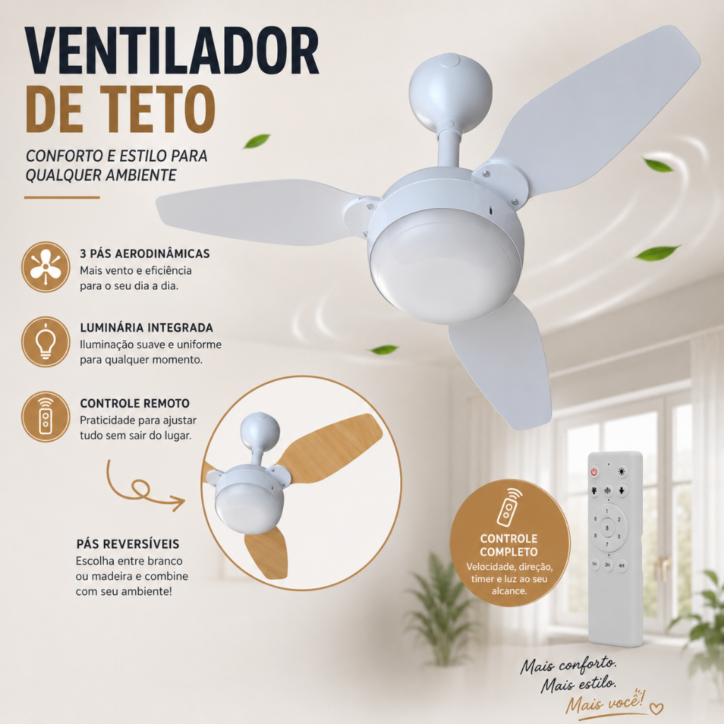 Ventilador de Teto Led Com Controle Ventilador de Teto Legacy Ventisol 3 Pás Dupla Face Preto