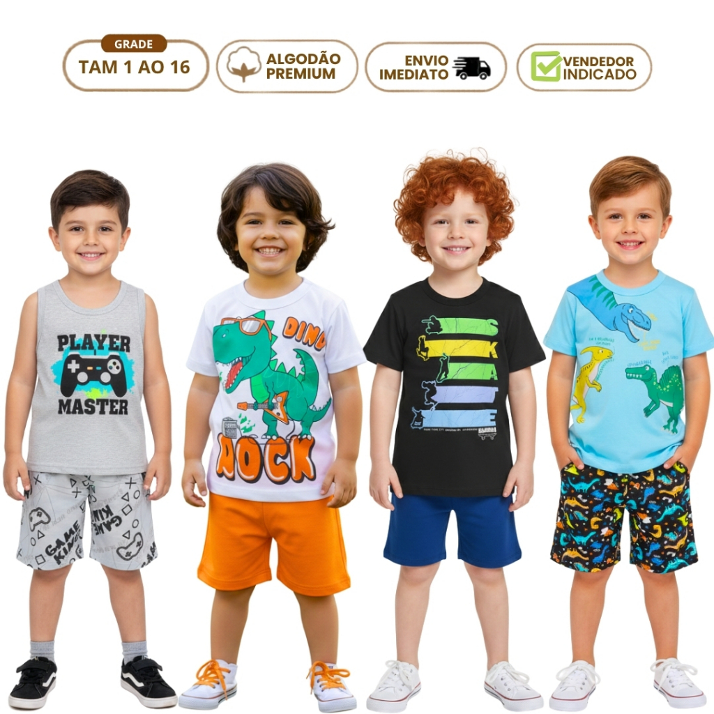 Kit 10 Peças Roupa Infantil Menino Verão Conjunto Masculino Juvenil 5 Camiseta Calor 5 Short 1ao 16